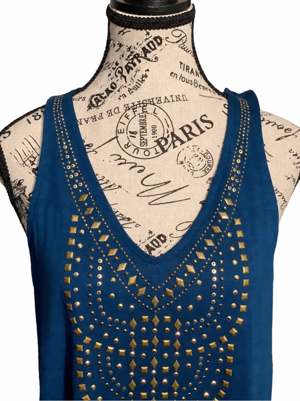 EUC Knox Rose Studded Sleeveless Peacock Blue & Gold Tank Top Women’s SZ Medium - Picture 10 of 12